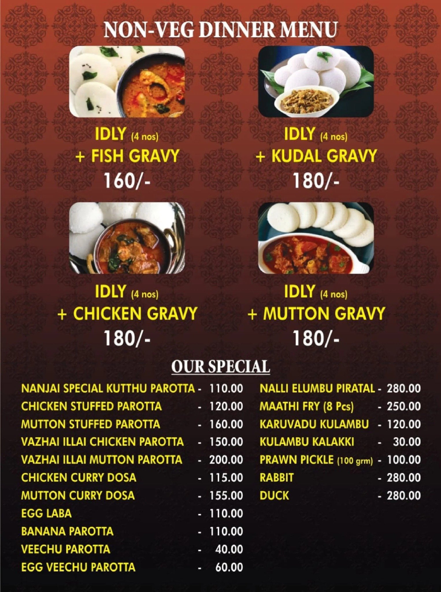 Non-veg dinner menu card with prices