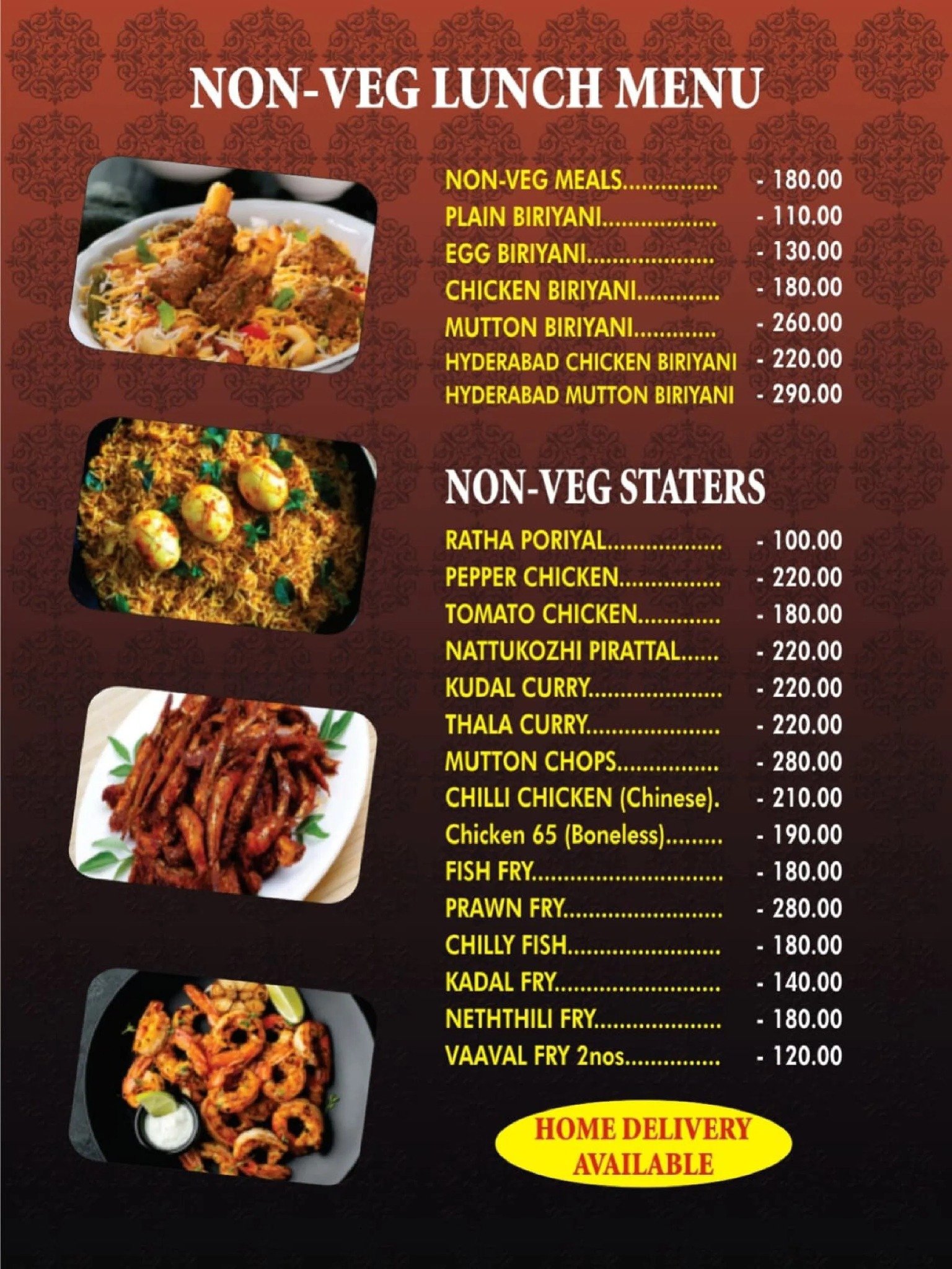 Non-veg lunch menu card with prices