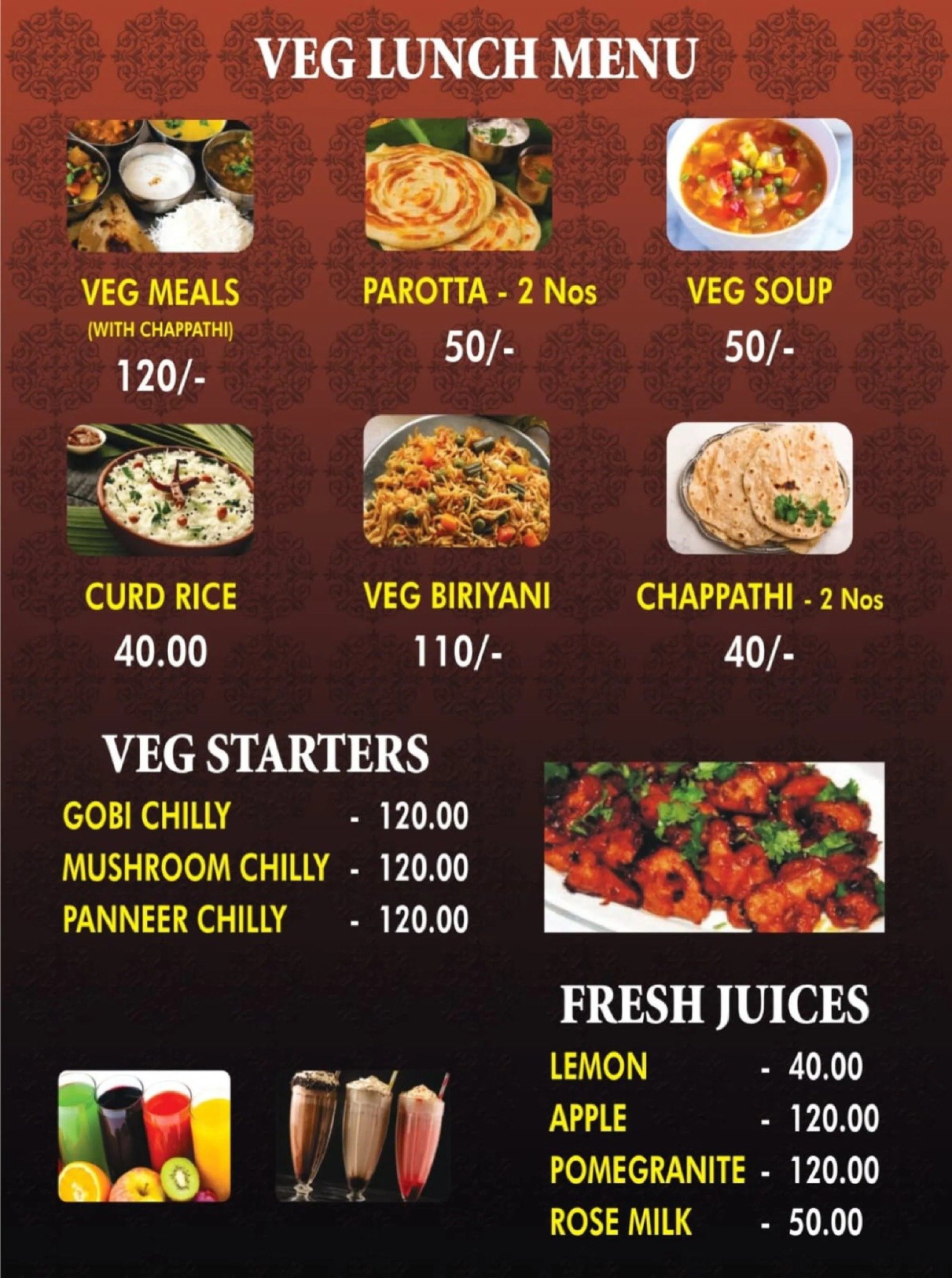 Vegetarian lunch menu card with prices